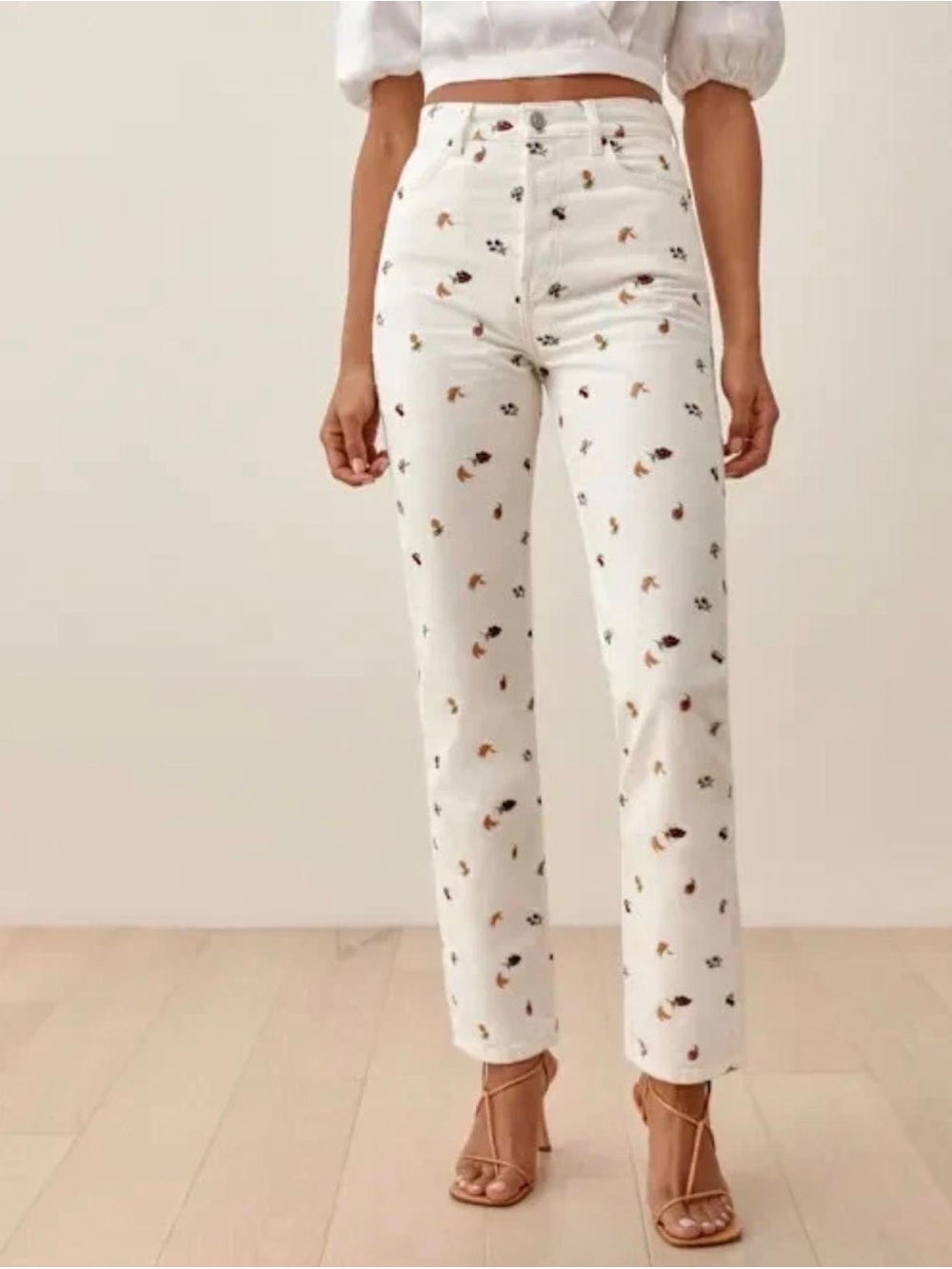 Reformation Cynthia Fruitloops High Rise Straight Leg Jeans White Embroidered 24